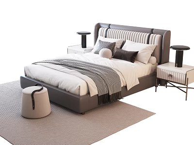 Modern Stylish Double Bed With Upholstered Headboard Pillows Throw Blanket Nightstands And Lamps 3d model