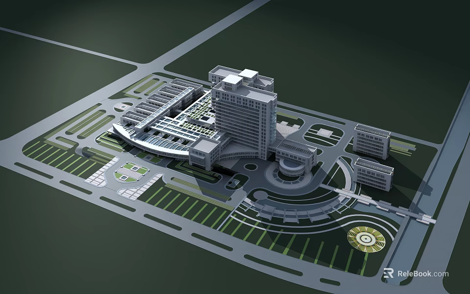 Modern Hospital Building Design Featuring Multi storey Structure Landscaped Gardens And Circular Plaza 3d model 