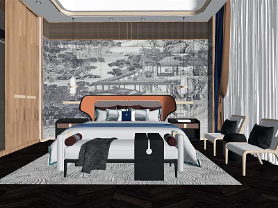 Modern Chinese Bedroom Interior With Large Mural Headboard Bedside Tables And Rugs 3d model