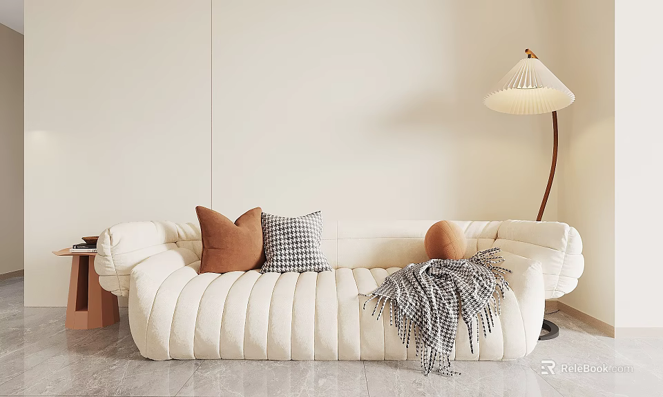 White Sectional Sofa with Brown Checkered Pillows Blanket Floor Lamp Near Light Wall Marble Floor 3d model 