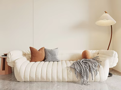 White Sectional Sofa with Brown Checkered Pillows Blanket Floor Lamp Near Light Wall Marble Floor 3d model