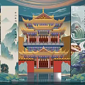 Traditional Chinese Palace Architectural Design With Yellow Roof Red Pillars Landscape Screens And Water