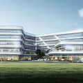 Modern Industrial Factory With Multistorey Structure And Large Glass Windows Surrounded By Trees And People