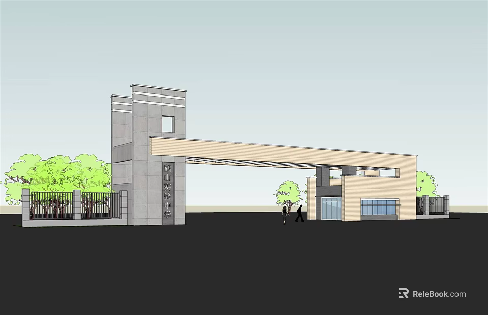 Modern Stone Entrance Gate With Overhead Structure Pillars And Adjacent Building Windows 3d model
