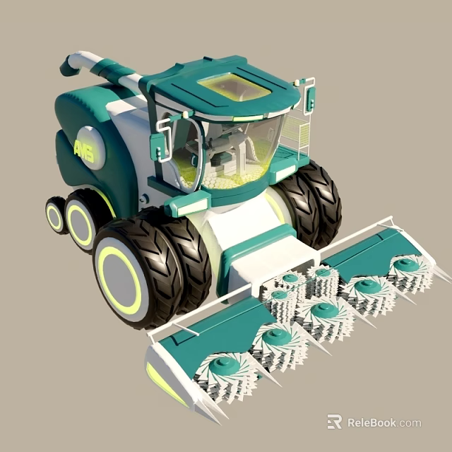 Turquoise And White Agricultural Harvester With Transparent Cabin Large Wheels And Front Reaper Blades 3d model 