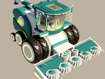 Turquoise And White Agricultural Harvester With Transparent Cabin Large Wheels And Front Reaper Blades 3d model