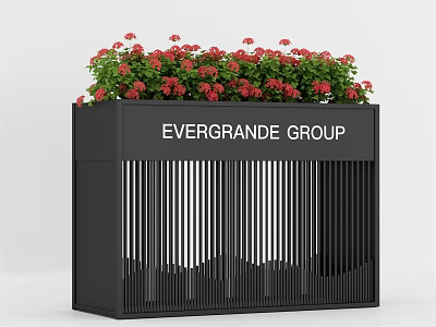 Black Flower Planter With Red Flowers Evergrande Group Sign And Vertical Stripe Design 3d model