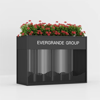 Black Flower Planter With Red Flowers Evergrande Group Sign And Vertical Stripe Design 3d model