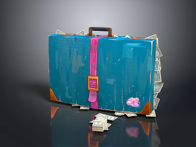 Blue Business Equipment Suitcase With Pink Strap Brown Handle And Cash Bills Spilled Around 3d model
