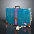 Blue Business Equipment Suitcase With Pink Strap Brown Handle And Cash Bills Spilled Around