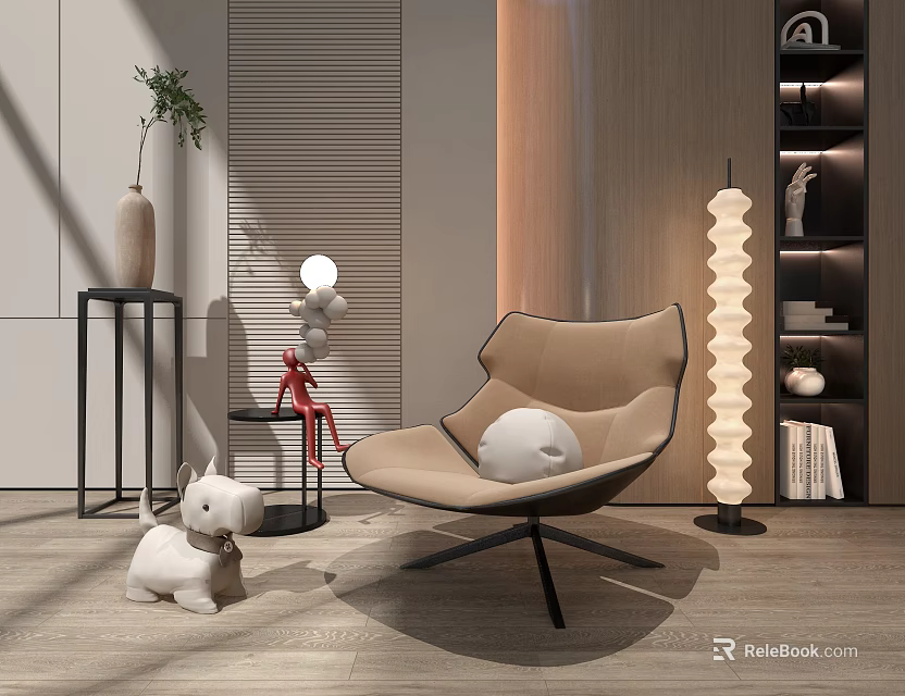 Beige Modern Accent Chair With Small Dog Figurine Red Sculpture Wooden Wall And Floor Lamp 3d model 