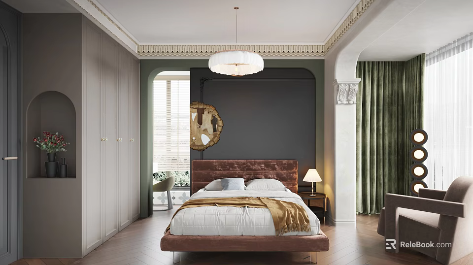 Modern Bedroom Interior With Upholstered Headboard White Linens Dark Green Walls And Round Mirror 3d model 
