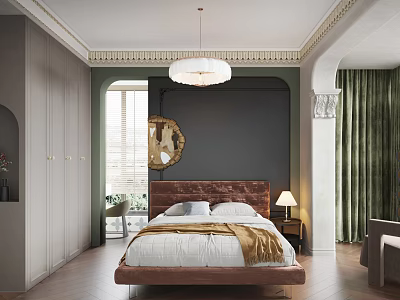 Modern Bedroom Interior With Upholstered Headboard White Linens Dark Green Walls And Round Mirror 3d model