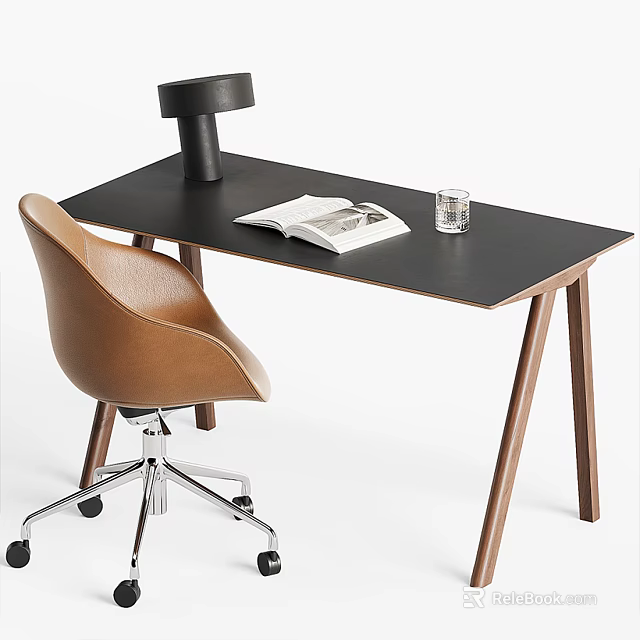 Modern Desk With Black Top Wooden Legs Brown Leather Chair Open Book And Glass Cup 3d model 