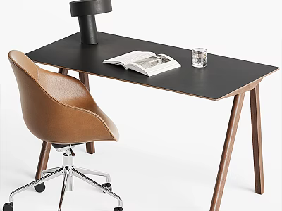 Modern Desk With Black Top Wooden Legs Brown Leather Chair Open Book And Glass Cup 3d model