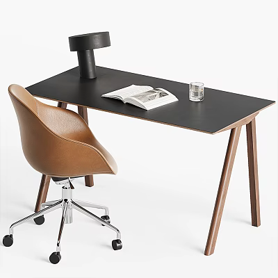 Modern Desk With Black Top Wooden Legs Brown Leather Chair Open Book And Glass Cup 3d model