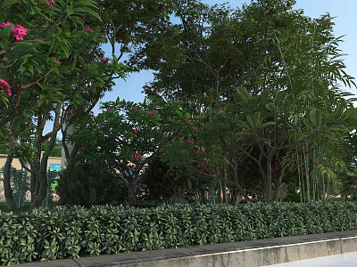 Lush Garden Landscape With Flowering Trees Green Shrubs And Trimmed Hedge 3d model