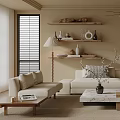 Modern Living Room Interior With Beige Sofa Wooden Shelves Coffee Table And Ceiling Fan