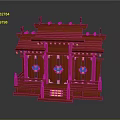 Traditional Red Entrance Gate With Golden Decorations And Ornate Roof Structure