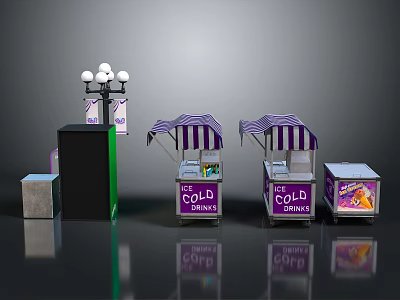 Outdoor Street Scene With Cold Drinks Stalls Purple Striped Canopies And Street Lamp 3d model