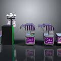 Outdoor Street Scene With Cold Drinks Stalls Purple Striped Canopies And Street Lamp