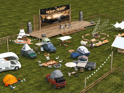 Grassland Camping Site With Stage Big Screen Tents RVs Cars And String Lights 3d model