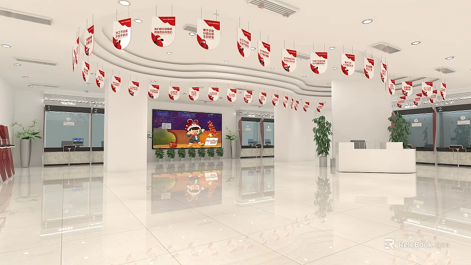 Modern Lobby Interior With Red Hanging Banners Large Screen Cartoon Character And Green Plants 3d model 