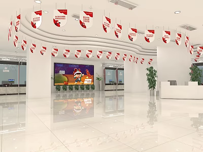 Modern Lobby Interior With Red Hanging Banners Large Screen Cartoon Character And Green Plants 3d model