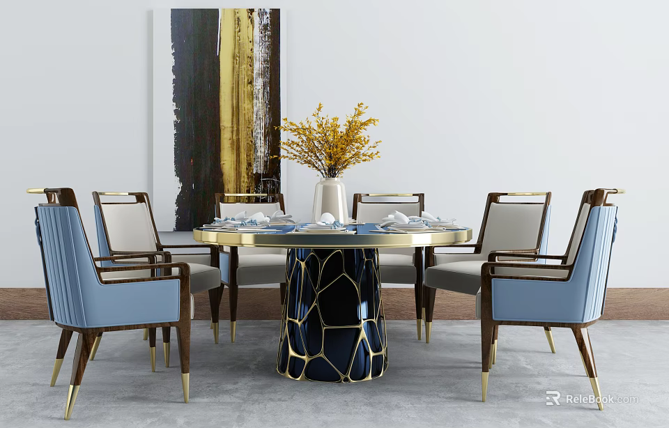 Elegant Round Dining Set with Black Gold Pattern Table and Blue Beige Chairs 3d model