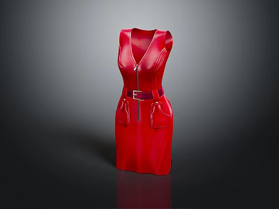 Stylish Sleeveless Red Dress Featuring Belted Waist And Side Pockets 3d model