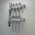 Wall Mounted Plumbing System With Golden Valves Red Gray Blue Pipes And Colored Handles