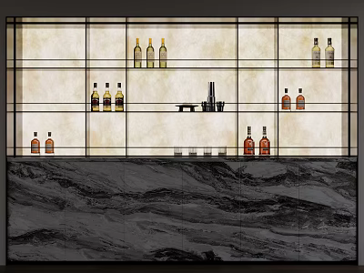 Modern Minimalist Wine Cabinet With Multiple Shelves And Various Wine Bottles On Marble Countertop 3d model