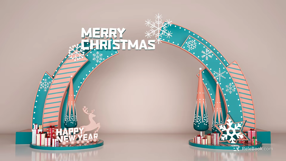 Merry Christmas Happy New Year Themed Arched Decoration With Snowflakes Reindeer And Gift Boxes 3d model 