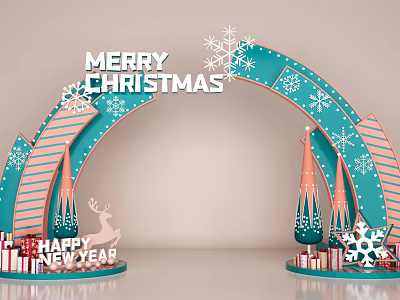 Merry Christmas Happy New Year Themed Arched Decoration With Snowflakes Reindeer And Gift Boxes 3d model