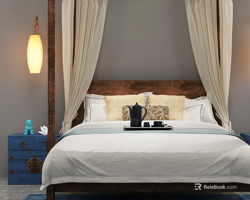 Double Bed With Wooden Headboard Beige Drapes Yellow Lamp White Bedspread And Blue Nightstand 3d model 