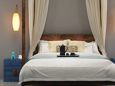 Double Bed With Wooden Headboard Beige Drapes Yellow Lamp White Bedspread And Blue Nightstand 3d model