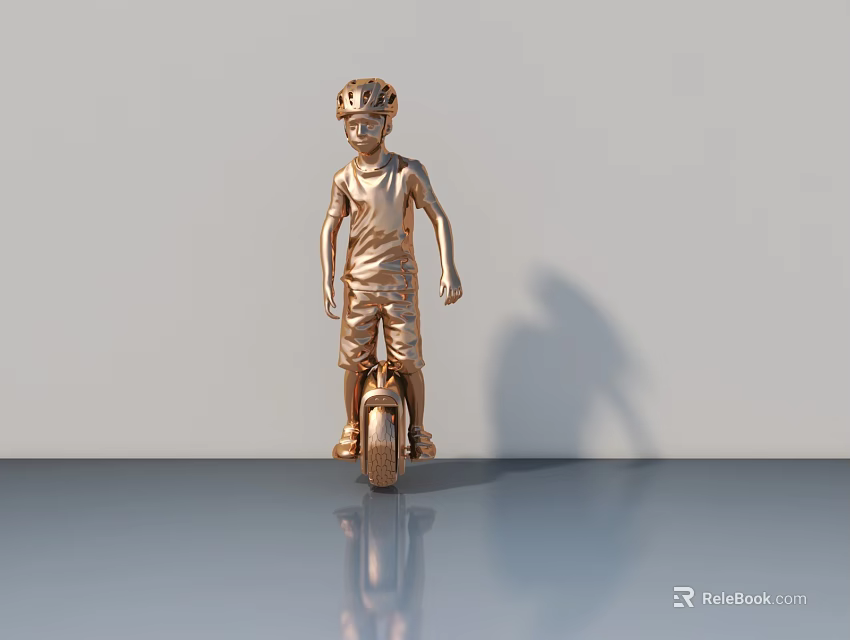 Golden Child Riding Unicycle With Helmet On Smooth Floor With Shadow And Reflection 3d model 
