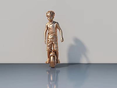 Golden Child Riding Unicycle With Helmet On Smooth Floor With Shadow And Reflection 3d model