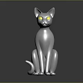 Shiny Silver Cat Sculpture With Glowing Yellow Eyes On Dark Surface