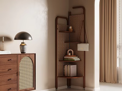 Wooden Display Shelf With Rattan Cabinet And Black Table Lamp In Modern Interior 3d model
