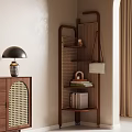 Wooden Display Shelf With Rattan Cabinet And Black Table Lamp In Modern Interior