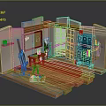 Art Studio Room Setup With Easel Green Table Red Rug And Blue Cabinet
