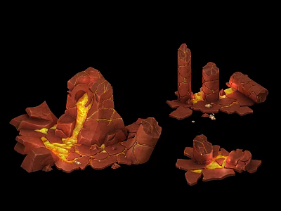 Red Volcanic Rock Formations With Glowing Lava Cracks And Multiple Structures 3d model