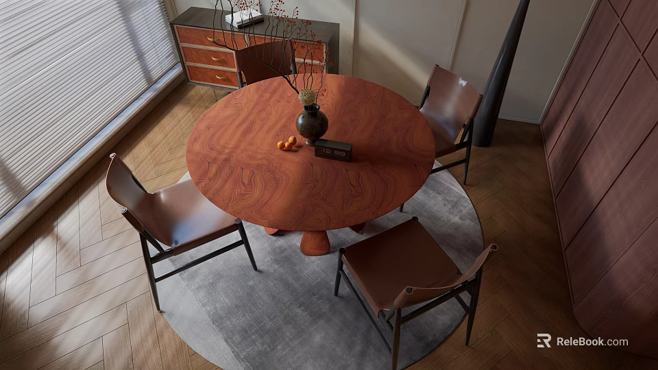 Round Wooden Dining Table With Brown Leather Chairs And Vase On Gray Rug 3d model 