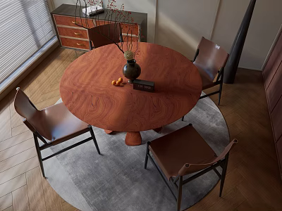 Round Wooden Dining Table With Brown Leather Chairs And Vase On Gray Rug 3d model
