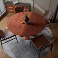 Round Wooden Dining Table With Brown Leather Chairs And Vase On Gray Rug