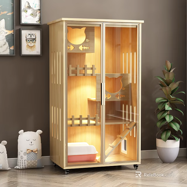 Wooden Cat Cabinet with Glass Door Cat Shelves Cozy Bed and Indoor Green Plant 3d model 