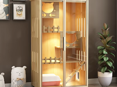 Wooden Cat Cabinet with Glass Door Cat Shelves Cozy Bed and Indoor Green Plant 3d model