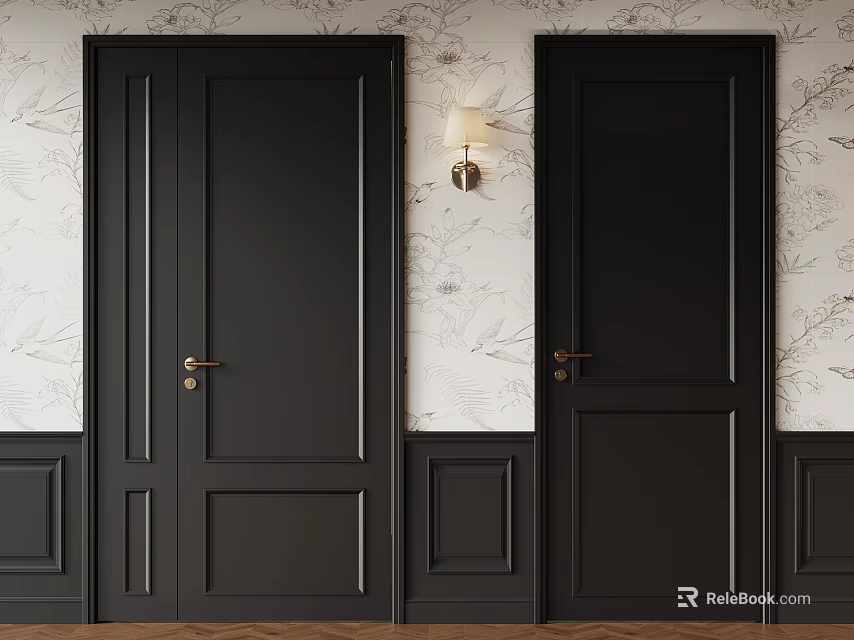 Stylish Interior With Black Paneled Doors Floral Wallpaper And Wall Lamp 3d model 