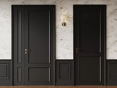 Stylish Interior With Black Paneled Doors Floral Wallpaper And Wall Lamp 3d model